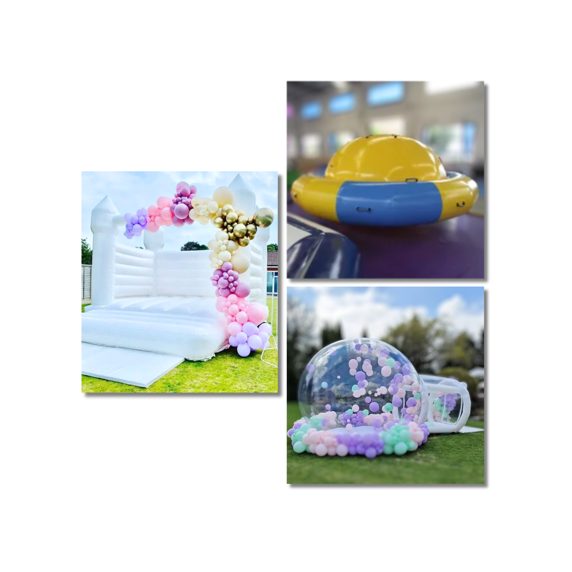 a bubble tent, inflatable saturn rocker, and a white bouncy house